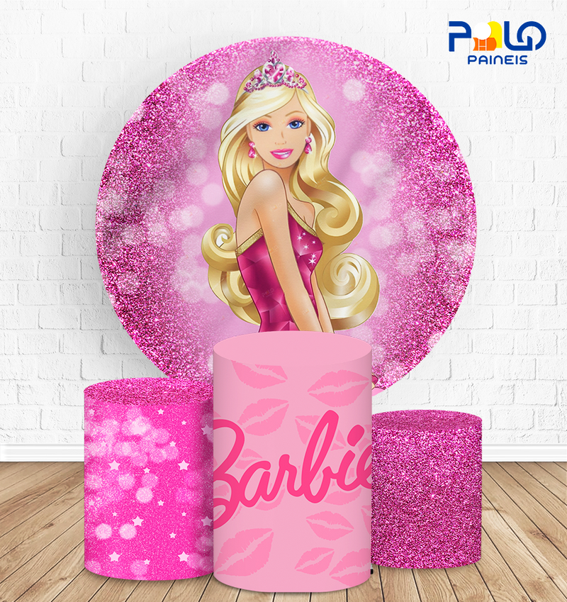 Kit Painel Redondo + Cilindros Barbie - Tecido Sublimado